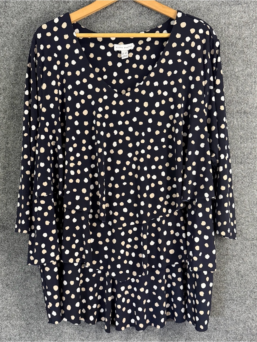 Susan Graver Womens 3X Liquid Knit Layered Dot Print Top Navy V Neck Office